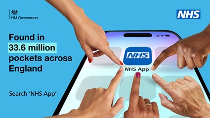 A mobile phone featuring the NHS App logo in the centre of the screen, with seven hands pointing to it. Text reads; Found in 33.6 million pockets across England.